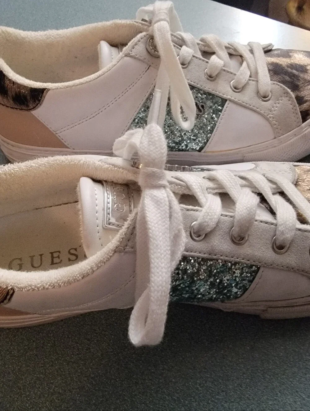 GUESS Women's White Sneakers with Leopard Print and Green Glitter Accents Size 8